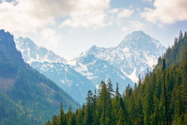Polonya 'daki dağ manzarası. İlkbaharda gökyüzü ve bulutların altında orman ve tepe ile doğa