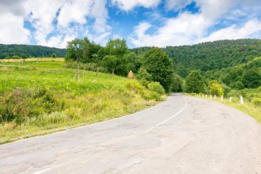 Yazın dağ manzarası boyunca yol. Mavi gökyüzü ve bulutlarıyla Avrupa 'nın kırsal doğası