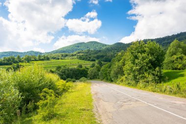 Yazın dağ manzarası boyunca yol. Mavi gökyüzü ve bulutlarıyla Avrupa 'nın kırsal doğası