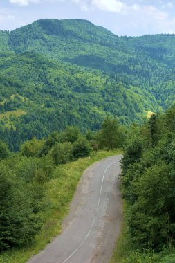 Yazın dağ manzarası boyunca yol. Yukarıdan manzara. Bulutlu gökyüzünün altında, benekli ışıkta yeşil doğa manzarası. Ormanların arasında kıvrılan güzel vadi