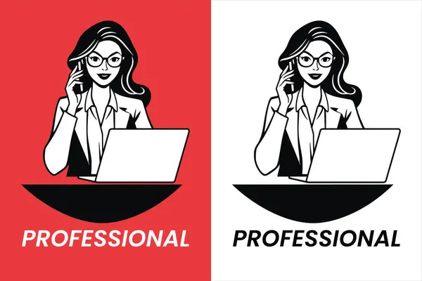 Illustration a confident and professional businesswoman engaged in multitaskingworking on a laptop while taking a phone call. She wears stylish glasses and a formal blazer, exuding intelligence, efficiency, and leadership