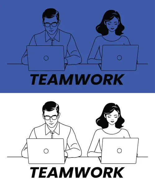 Dizüstü bilgisayarlarla uğraşan bir iş adamı ve kadının vektör çizimi. İşbirliği, dijital çalışma ve ofis kültürünü temsil ediyor. Şirket markalaşması ve pazarlaması için mükemmel..