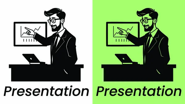 Illustration Businessman Giving a Presentation with Data Analysis, vector illustration of a confident businessman presenting data on a screen. Represents leadership, business strategy, and success. Perfect for corporate branding and marketing
