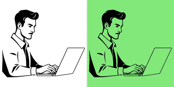 Dizüstü bilgisayarla çalışan profesyonel bir adamın tasviri, serbest projeler, başlangıç kültürü, uzak iş markalaşması veya iş verimliliği tasarım temaları için idealdir. Bilgisayarda daktilo yazan bir iş adamı tasviri.
