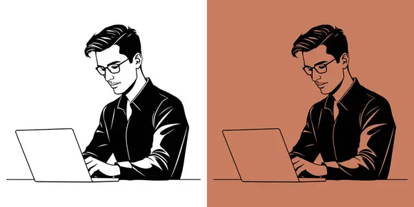 Bilgisayarında çalışan bir iş adamının tasviri, üretken bir iş akışını, teknoloji girişimciliğini veya uzak bir ofis kullanımını simgeliyor. İşletme verimliliği teması için ideal bir dizüstü bilgisayar üzerinde çalışan bir yöneticinin canlandırması