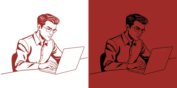Illustration Smart young man in glasses working on his laptop, representing digital work, remote jobs, and modern business lifestyle in a clean vector style, Focused male professional using laptop at desk, Hardworking man focused on computer task