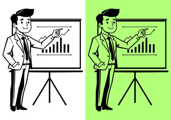 Güvenilir bir yöneticinin satış büyüme grafiğini açıklarken, raporlar ve finansal genel bakış şablonları için kullanışlı olduğu tasviri. Bilgi tablosunda veri sunan işadamı, bilgi, analitik, mali büyüme ve kurumsal eğitim materyalleri için ideal