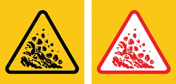 Jeolojik tehditler, toprak erozyonu ve eğim çöküşüne karşı uyarmak için kayalık düşme sembollü bir tepe işareti. Düşen kayalar dikkat işareti. Dağlık yollarda kaya kaymaları, eğim dengesizliği ve doğal afet riskleri konusunda sürücüleri uyarmak için kullanılır..