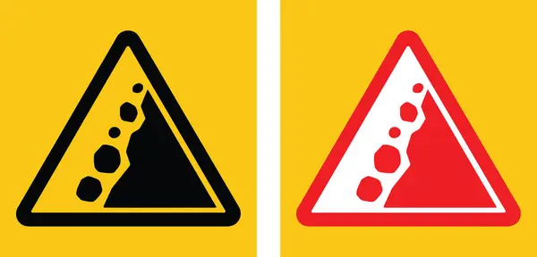 Kaya hareketi için üçgen uyarısı ya da kara çökme riski. Yürüyüş yolları, yollar ve inşaat alanlarında yaygındır. Düşen kaya sembollü doğal tehlike uyarısı, tehlikeli bölgeleri, heyelan bölgelerini ve dağ yollarını gösteriyor..