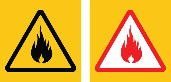 Sarı arka planda alev sembolleri olan yangın tehlikesi uyarıları. Endüstriyel güvenli bölgelerde, kimyasal bölgelerde ve risk önleme için yanıcı madde deposunda kullanılır..