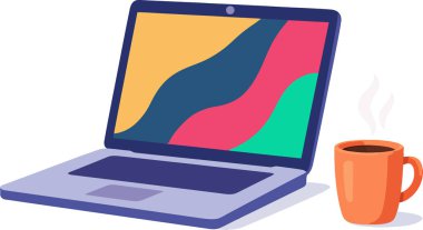 Kahve fincanı ve Renkli Ekran Bilgisayarı Çevrimiçi Çalışma, Dijital Yaşam Tarzı ve Üretim Konsepti İçin Mükemmel. Parlak Ekranlı Dizüstü Bilgisayarın Düz Tasarımı