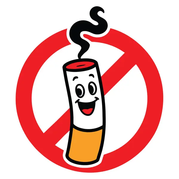 Karikatür Sigara Karakteri ve Kamu Alanları ve Kampanyaları İçin Kırmızı Çember Sağlık Bilinci Tasarımı ile Komik Sigara İçilmez İşareti. Kırmızı İçki Yasağı Sembollü Çizgi Film Sigarası.