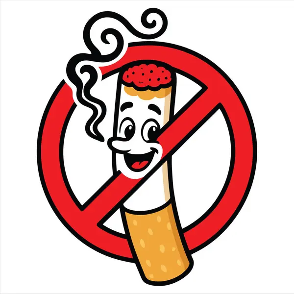 Karikatür Sigara Karakteri ve Kamu Alanları ve Kampanyaları İçin Kırmızı Çember Sağlık Bilinci Tasarımı ile Komik Sigara İçilmez İşareti. Kırmızı İçki Yasağı Sembollü Çizgi Film Sigarası.