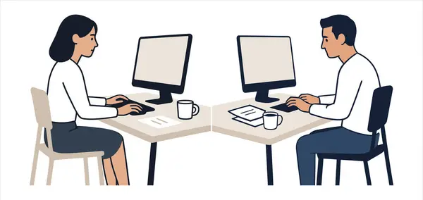 Modern ofis ortamında bilgisayarlarda çalışan profesyonel erkek ve kadın. Temiz, minimalist karikatür vektör biçimi bilgi grafikleri, web siteleri veya kurumsal sunumlar için mükemmel. İki ofis çalışanının resmi, erkek ve kadın.