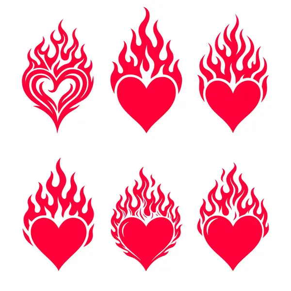 Alev elementleriyle dolu cesur kalp koleksiyonu. Tebrik kartları, web elementleri, dijital sanat veya temalı poster tasarımları için uygundur. Yüksek çözünürlüklü vektör sanatı. Eşsiz alev şekilli ateşli kırmızı kalp çizimleri