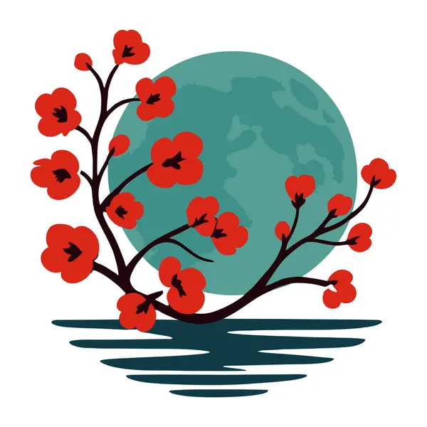 Mavi Ay ve Su Yansıması, Sembolize Doğa, Huzur, Zen ve Düz Minimalist Stil Sanatında Doğulu Güzel