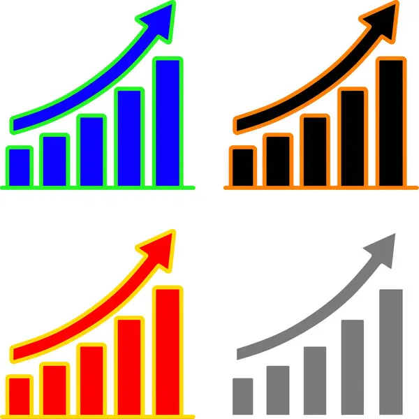 Şirketin başarısını, yatırım büyümesini, finansal eğilimleri, ekonomik analizleri ve başlangıç performans artışını sembolize eden yukarı bakan oklarla renkli çubuk grafiklerinin vektör koleksiyonu. İşletme büyümesini temsil eden, yukarı doğru oklu grafikler
