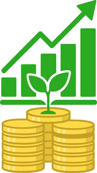Yaprak Fabrikası ve Yükselen Baro Çizelgesi, Sürdürülebilir Finans, Çevre dostu Kâr ve ROI ile Yeşil Ekonomi Madeni Para Yığını Vektör Kavramı. Sürdürülebilir Yatırım ve Mali Büyüme.