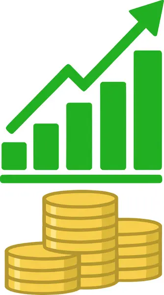 Finansal Başarı İllüstrasyonu Altın Para Yığını ve Arrow 'un Gelir Büyümesini, Yatırım Dönüşünü, Çevrimiçi İş Performansı ve Varlık Stratejisini Belirleyen Tablo. Mali Büyüme ve Yatırım İllüstrasyonu