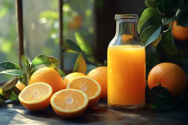 Olgun portakallı ve yeşil yapraklı bir şişe portakal suyu içeriyor. Doğal ışıkla bestelenmiş, ferahlatıcı bir kompozisyonun dokusunu ve renklerini vurguluyor.