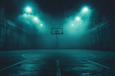 Ürkütücü bir basketbol sahası, sisle kaplı, parlak spot ışıklarının altında metal bir çit ve dikenli telle çevrili tek bir halka vurguluyor..