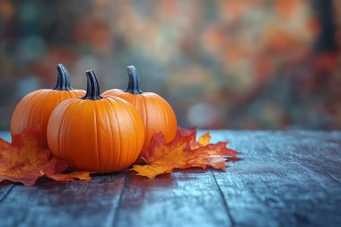 Değişen boyutlarda üç balkabağı renkli akçaağaç yapraklarının yanında sergileniyor, desenli ahşap bir yüzeye kuruluyor, klasik bir sonbahar sahnesini çağrıştırıyor..