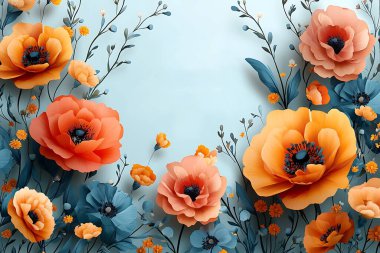 Doğanın güzelliğinin zengin bir duvar halısını gösteren bu resimde büyüleyici bir portakal, şeftali ve mavi gelincikler ve daha küçük sarı çiçekleri yumuşak mavi bir arkaplanda sergiliyor..