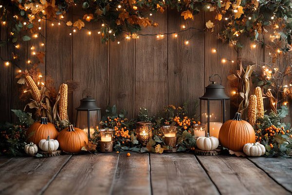 Pumpkins, corn stalks, lanterns, and illuminated candles grace a weathered wooden surface. An arrangement of leaves and glowing string lights decorates the scene, creating a festive atmosphere.
