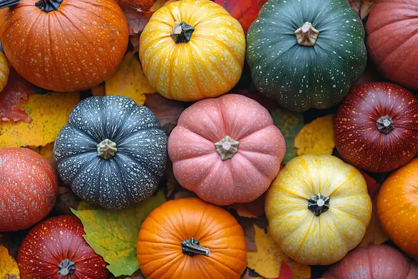 Yukarıdan aşağıya bakıldığında turuncu, sarı, pembe ve mavi gibi çeşitli tonlarda renkli balkabakları sergilenir. Bu balkabakları sonbahar yapraklarının arasına yerleştirilir ve bir sonbahar düzenlemesi oluşturulur..