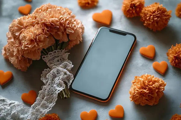 Şeftali rengi karanfiller, minyatür kalpler, boş ekranlı bir telefon ve açık mavi dokulu arka planda krem rengi dantel yer alır. Kompozisyon temiz ve gevrek..
