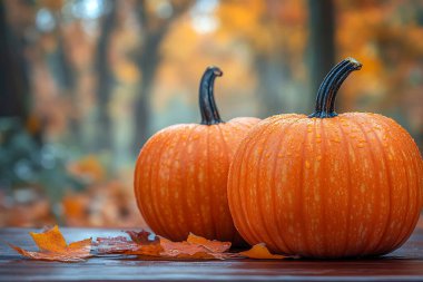 Düşen yaprakların arasında, ahşap bir yüzeyde, iki canlı turuncu balkabağı duruyor, nem damlacıklarıyla parıldıyor ve güzel bir sonbahar temalı kompozisyon oluşturuyor..