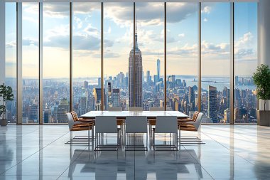 Sandalyelerle çevrili bir konferans masası, New York şehrinin arka planına karşı geniş tabandan tavana doğru ufuk çizgisi, bu iç görünüş modern bir sahne sergiliyor.