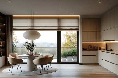 Bu resim, bej sandalyelerle çevrili yuvarlak bir masa, yeşillik gösteren büyük bir pencere ve temiz çizgileri olan minimalist dolaplarla çağdaş bir mutfak içini gösteriyor..