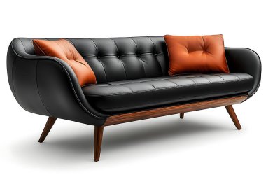 Düğme, turuncu yastıklarla vurgulanmış ahşap çerçeveli siyah deri kanepe. Bu lüks mobilya hem stil hem de konfor sunuyor, sofistike iç mekanlar için uygun..