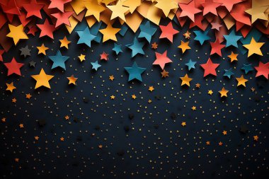 Bu resim, sarı ve turuncudan kırmızı ve maviye kadar değişen el yapımı parlak kağıt yıldızlarını, küçük altın yıldızlarla benekli koyu mavi bir zemin üzerinde barındırıyor..