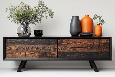 Göz hizasında bir iç çekimde zarif ahşap bir medya konsolu dekoratif vazolar ve bitkilerle süslenmiş, hepsi el değmemiş beyaz arka planda..