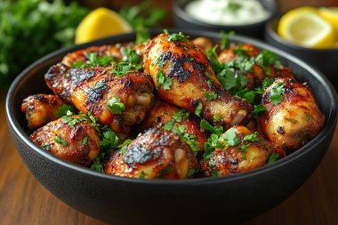 Siyah bir kasede, limon kaseleri ve kremalı sosun yanında kişniş ile süslenmiş kızarmış tavuk budu sergiliyorlar. Yemek sunumu davetkar..