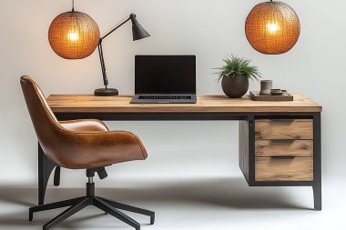 Modern ofis sahnesinde açık bir dizüstü bilgisayar ve doğal bir ahşap masanın üzerine yerleştirilmiş yeşil bir saksı bitkisi görülüyor. Masa ışıklarla aydınlatılmış açık renkli bir arkaplana bakıyor..
