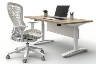Modern bir ofis kurulumunda beyaz ergonomik sandalye, örülmüş bir sırt ve yuvarlanan bir taban ve hafif bir ahşap masanın yanında yer alır. Masanın açık bir dizüstü bilgisayarı, küçük bir bitkisi ve kalem tutacağı var..