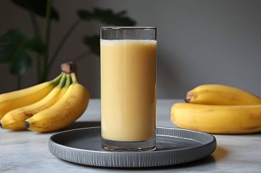 Yakın plan, gri bir zemin üzerine kurulmuş birkaç sarı muzla çevrili, muz smoothie dolu uzun bir bardak yakalar.