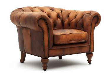 Görüntü, şeffaf bir arkaplan üzerine kurulmuş düğmeli bir deri koltuğu gösteriyor. Koltuk yumuşak bir tasarım, yastıklı koltuklar ve klasik bir estetik içeriyor. Tarz ve inceliği somutlaştırır..