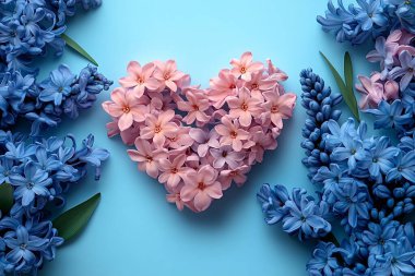 Kümelenmiş açık pembe sümbül çiçeklerinden yapılmış bir kalp şeklinin üst görüntüsü etrafa saçılmış mavi sümbül çiçekleriyle çevrili..