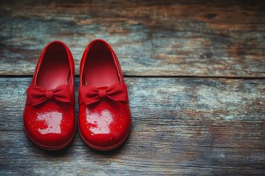 Cilalanmış kırmızı Mary Jane ayakkabılarının büyüleyici manzarası, küçük fiyonklarla süslenmiş, eskimiş bir ahşap zemin üzerine güzelce yerleştirilmiş, parlak renklerini arttıran.