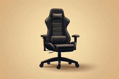 Yumuşak bir bej arka planda izole edilmiş sandalye, ayrıntılı dikişli yüksek kaliteli siyah maddeye sahip. Bel ve boyun yastıkları ergonomik yapıyı güçlendirir, konforu ve tarzı gösterir..