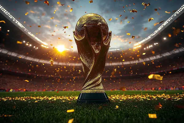 Altın bir kupa, arka planda parlak ışıklarla aydınlatılan enerjik ve hareketli bir stadyum dolusu seyirciyle birlikte altın konfetilerin yağdığı bir çim sahasında belirgin bir şekilde sergileniyor..