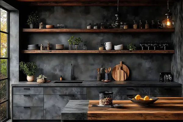 Sanatsal görüntü, sanatsal dekoratif parçalar sergilenen, kırsal ahşap raflarla tamamlanmış karanlık dolapları olan kasvetli bir mutfak yakalar. Dekor estetik bir cazibe yayıyor..