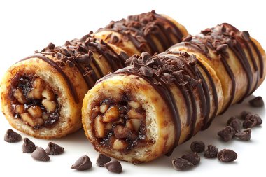 Görüntü, siyah çikolatayla serpiştirilmiş üç tatlı çörek içeriyor. Pasta, içinde çikolata parçacıkları olan altın-kahverengi katmanlar ve fındıklar gösteriyor..
