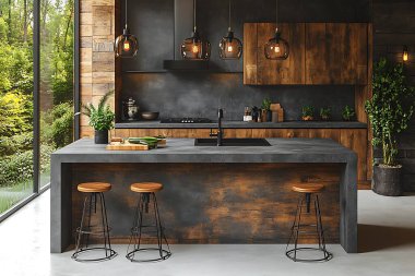 Mutfak adasında, üzerinde üç ahşap tabure ve siyah metal bacaklar bulunan koyu beton kaplama bir cephe bulunuyor. Mutfakta ahşap dolaplar, siyah tezgah ve paslanmaz benzin deposu var..