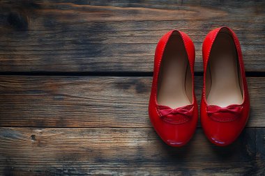 Bir çift çarpıcı kırmızı bale dairesi yay aksanıyla yan yana kırsal ahşap tahtalara yerleştiriliyor ve bu da doku ve renkte görsel olarak çekici bir kontrast oluşturuyor..