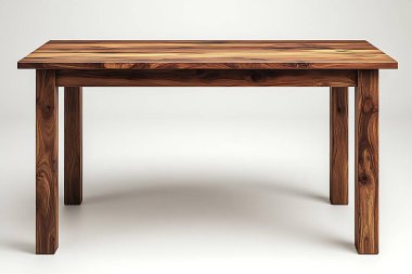 Yakın plan, temiz, beyaz bir zemin üzerine kurulmuş, belirgin tahıl desenleri ve sağlam bacaklara sahip, zengin, ahşap bir yüzey içeren, kare ahşap bir masanın ayrıntılarını yakalar..